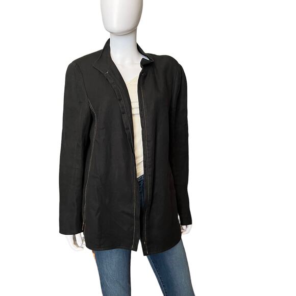 AKRIS Black Linen Zippered Boxy Casual Modern Jacket, FR 46 US 14 - Picture 1 of 10